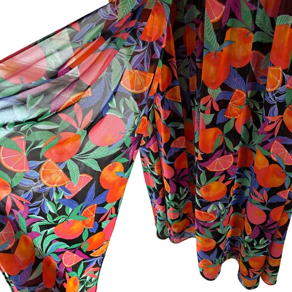 Nina Parker fruit print maxi dress 1X citrus orange high slits resort vacation - Picture 7 of 11